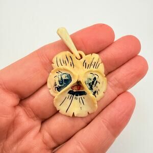 Vintage 1940's 1950s Carved Celluloid Pansy Painted Face Pendant